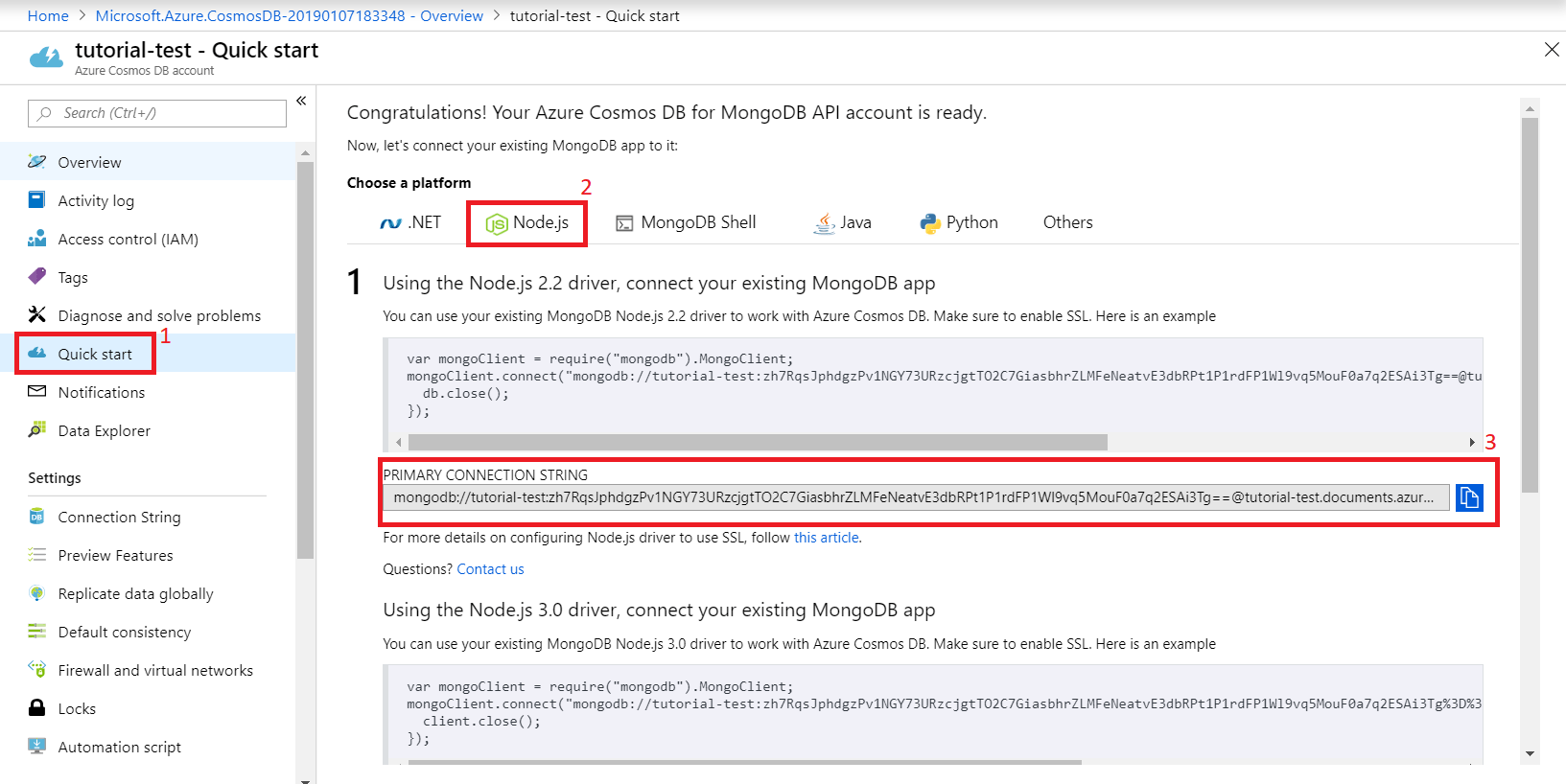 Azure Cosmos DB Primary Connection String