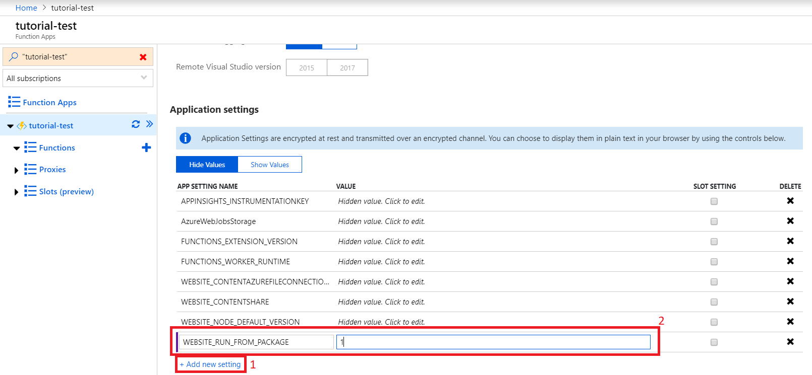 Azure Function Application Settings WEBSITE_RUN_FROM_PACKAGE