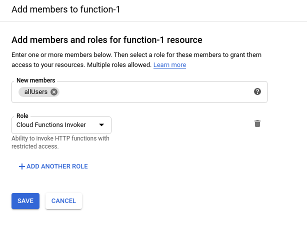 Google Cloud Functions allUsers Permission