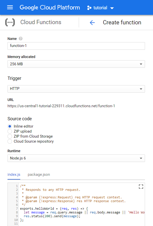 Google Cloud Functions New Function Form