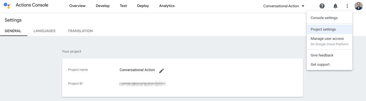 Google Action Project Settings